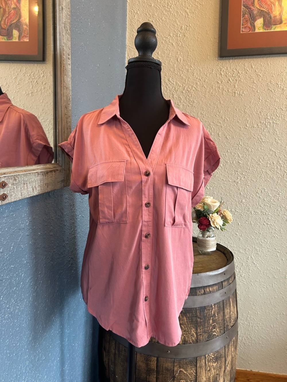 Zenana Outfitters Dusty Rose Button-Front Short Sleeve Shirt(small)